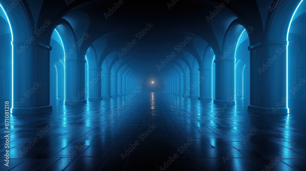 Obraz premium A hallway with multiple arches stretching into the distance, illuminated by blue lights