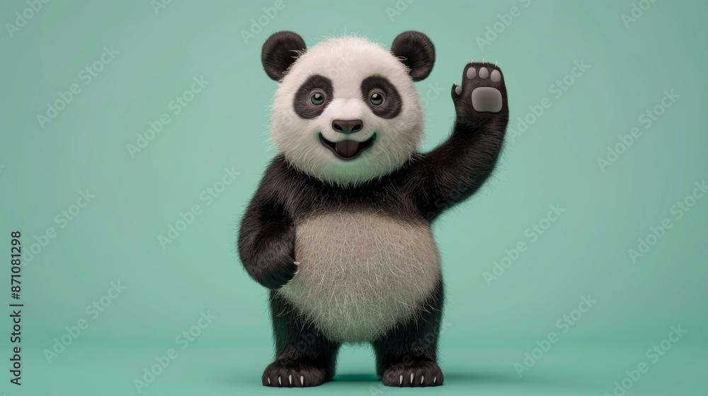 Adorable Panda Cub Smiling and Waving in a Friendly Manner Against a Light Green Background Adorable Panda Cub Smiling and Waving in a Friendly Manner Against a Light Green Background