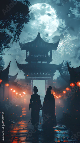 Couple in traditional Hanfu attire admiring fireworks under ancient Chinese architecture at night, showcasing the rich cultural heritage and romantic ambiance of China’s historical celebration. photo