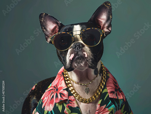 Studio headshot portrait of Boston terrier dog with head tilted looking forward against a white background Photorealistic, miami vice style, Boston Terrier, sunglasses, floral shirt, gold chain © Mister