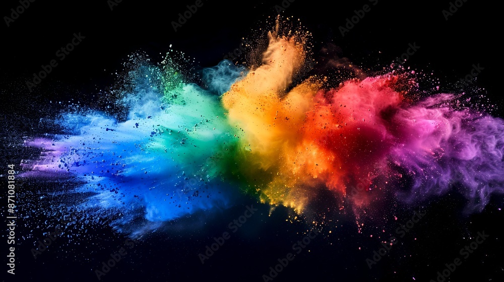 Vivid Explosion of Rainbow Colors on Black Background. Colorful powder burst captured mid-air. Abstract art ideal for creative projects. Perfect for backgrounds, presentations, and advertisements. AI Vivid Explosion of Rainbow Colors on Black Background. Colorful powder burst captured mid-air. Abstract art ideal for creative projects. Perfect for backgrounds, presentations, and advertisements. AI