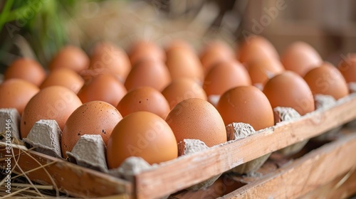 Fresh brown eggs in carton on farm. Close-up of fresh brown eggs in a carton on a farm, perfect for food, cooking, and agriculture themes. photo