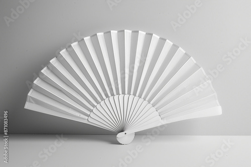 Minimalistic black and white photo of a traditional paper fan with a clean background  emphasizing simplicity and elegance.