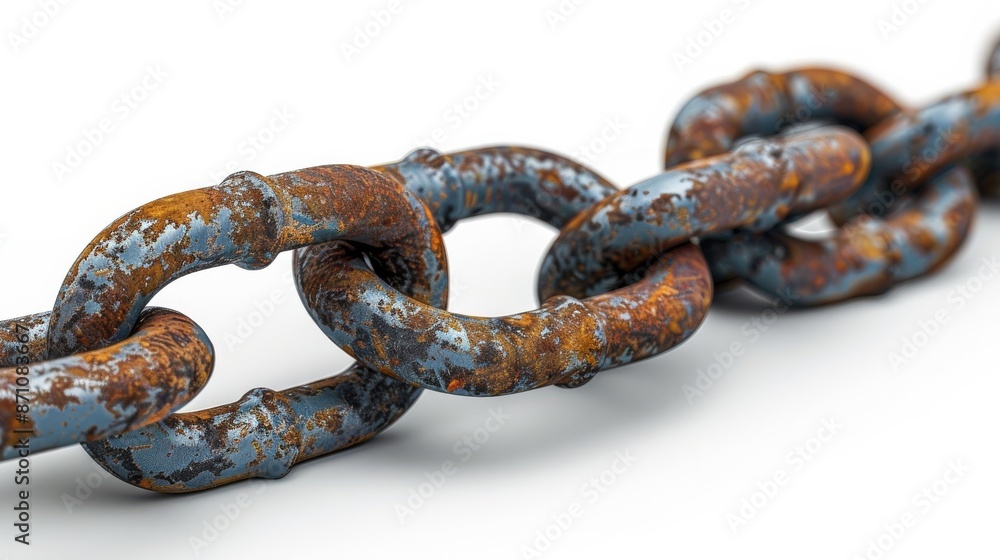 Close-up of rusty chain links on white background, aged metal concept Close-up of rusty chain links on white background, aged metal concept