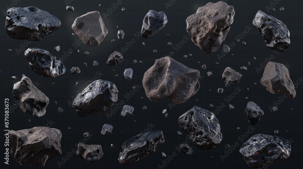 A realistic digital rendering of a field of asteroids, ranging in size and shape, floating in the vastness of space A realistic digital rendering of a field of asteroids, ranging in size and shape, floating in the vastness of space