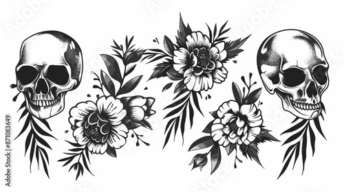 A black and white drawing of two skulls with flowers in between. The skulls are positioned in a way that they are facing each other, creating a sense of tension and unease