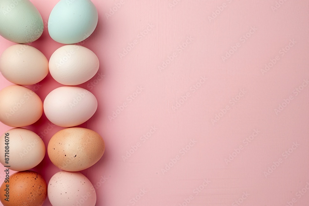 Pastel-colored eggs arranged in a vertical row on a pink background, perfect for Easter, spring celebrations, or creative food photography. Pastel-colored eggs arranged in a vertical row on a pink background, perfect for Easter, spring celebrations, or creative food photography.