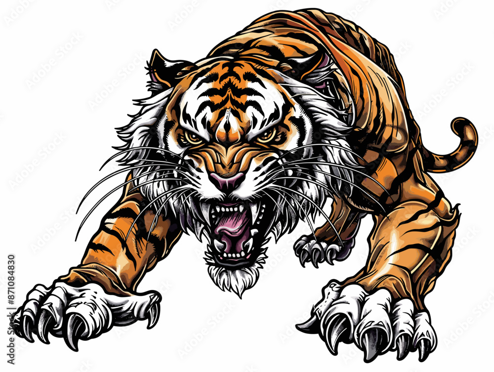 A tiger is shown with its mouth open and teeth bared, ready to attack. The tiger is depicted in a fierce and aggressive manner, with its claws extended and claws visible. Concept of danger and power A tiger is shown with its mouth open and teeth bared, ready to attack. The tiger is depicted in a fierce and aggressive manner, with its claws extended and claws visible. Concept of danger and power