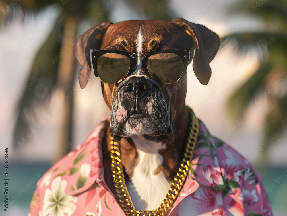 Boxer dog enjoying a day at the beach Photorealistic, miami vice style, Boxer dog, sunglasses, floral shirt, gold chain Boxer dog enjoying a day at the beach Photorealistic, miami vice style, Boxer dog, sunglasses, floral shirt, gold chain