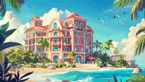 Luxury Hotel on the Beach Cartoon Game Background Coastal Resort Seaside Vacation Accommodation Tropical Paradise Relaxation Holiday Travel Tourism Illustration Ocean Waves Palm