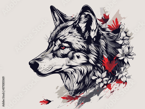 A wolf with red eyes and a flowery background. The wolf is the main focus of the image, and the flowers add a touch of color and contrast to the otherwise dark and bold design