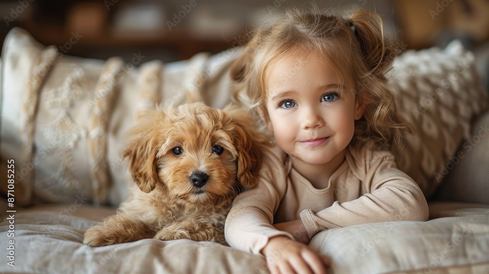 Blond child sits on a sofa with a fluffy puppy, both gazing at the camera, capturing the essence of warmth, coziness, and companionship in a modern home setting. Blond child sits on a sofa with a fluffy puppy, both gazing at the camera, capturing the essence of warmth, coziness, and companionship in a modern home setting.