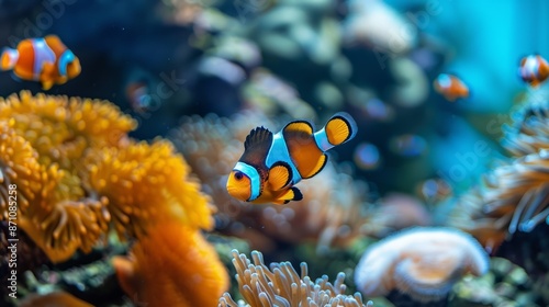 Clownfish in vibrant coral reef. A colorful clownfish swims among a thriving coral reef, showcasing the beauty of marine life.
