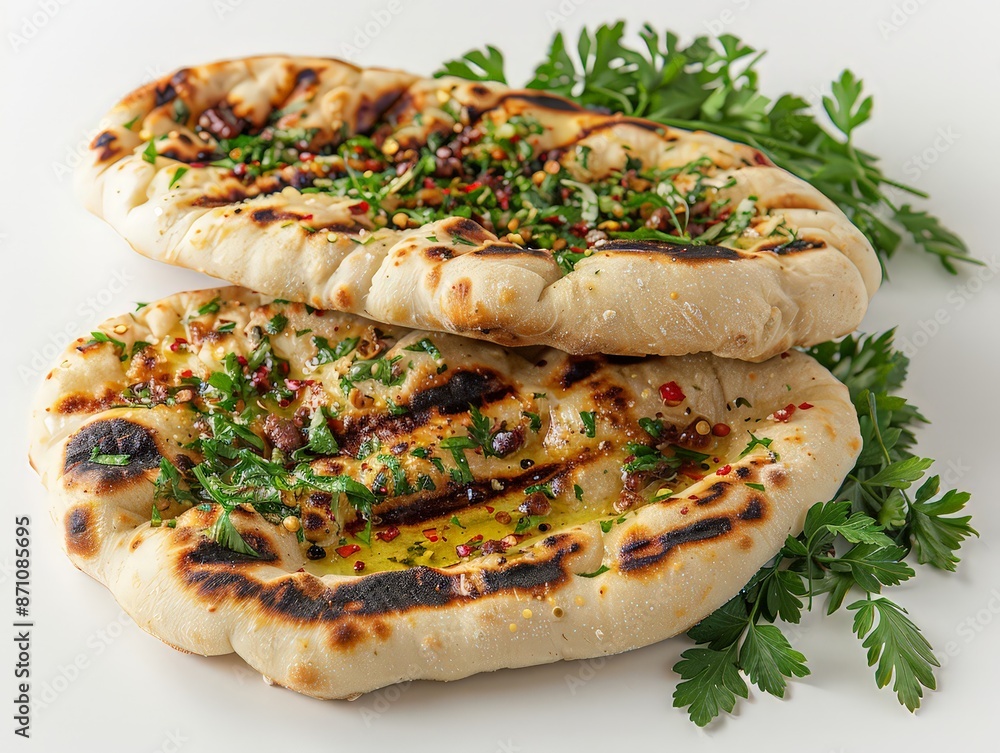 Grilled flatbread topped with herbs and olive oil, illustrating its thin crust and yeast-raised dough used in various cuisines. Grilled flatbread topped with herbs and olive oil, illustrating its thin crust and yeast-raised dough used in various cuisines.