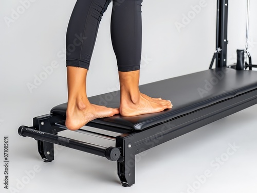 person performing footwork exercises on a Pilates reformer, pushing against the foot bar to strengthen the legs, isolated on a white background. photo