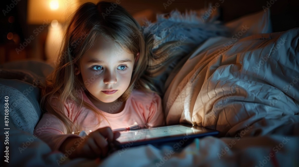 A young girl watching a tablet in a cozy bed, illuminated by the screen's light. The scene is warm and intimate, enhanced by night lighting and a snug blanket. A young girl watching a tablet in a cozy bed, illuminated by the screen's light. The scene is warm and intimate, enhanced by night lighting and a snug blanket.
