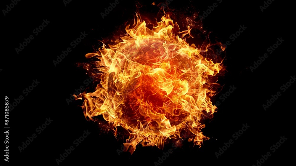 Fototapeta premium Fiery explosion in darkness. Vivid flames and burning fireball on dark background. Conceptual image of fire energy and heat. Perfect for themes of power and destruction. AI