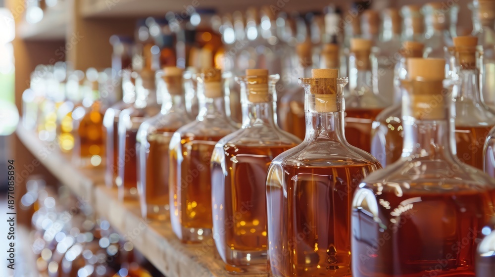 Rows of glass bottles filled with amber liquid. Amber liquid in glass bottles with cork stoppers, arranged in rows on wooden shelves, creating a warm and inviting atmosphere. Rows of glass bottles filled with amber liquid. Amber liquid in glass bottles with cork stoppers, arranged in rows on wooden shelves, creating a warm and inviting atmosphere.