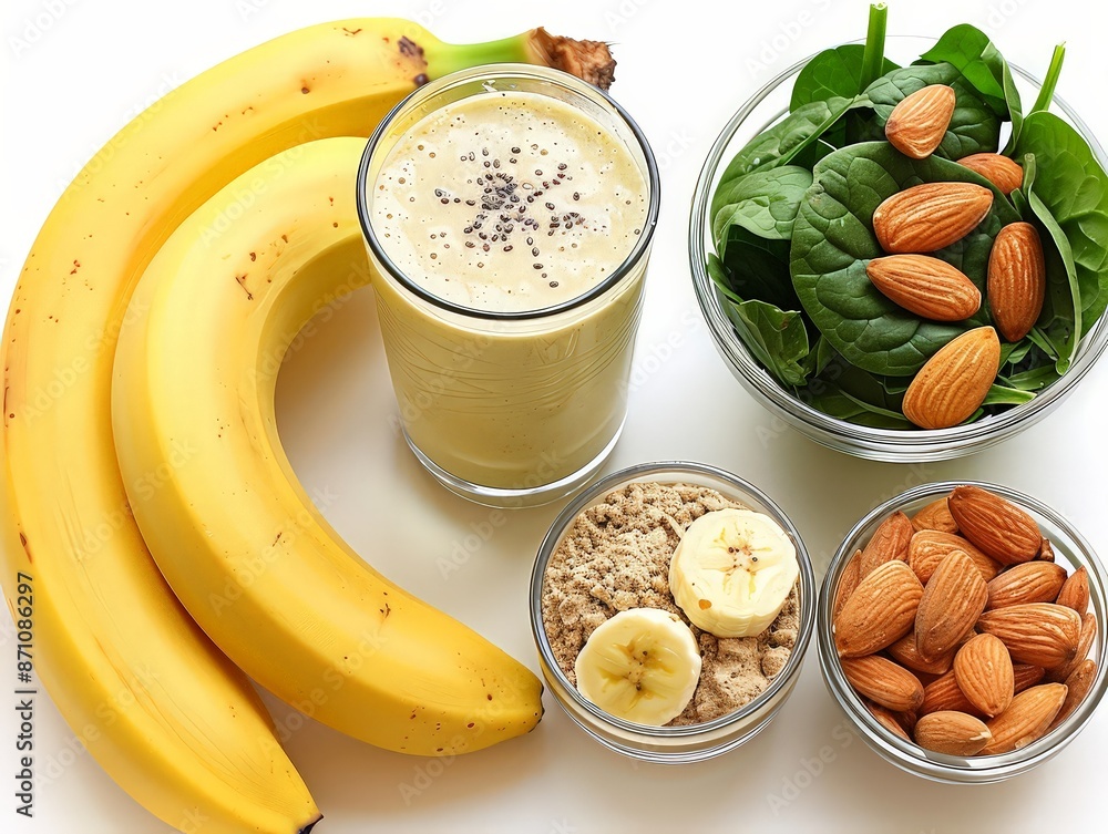 glass of protein smoothie made with whey protein powder, banana, spinach, and almond milk, illustrating a convenient way to incorporate lean protein into a diet. glass of protein smoothie made with whey protein powder, banana, spinach, and almond milk, illustrating a convenient way to incorporate lean protein into a diet.