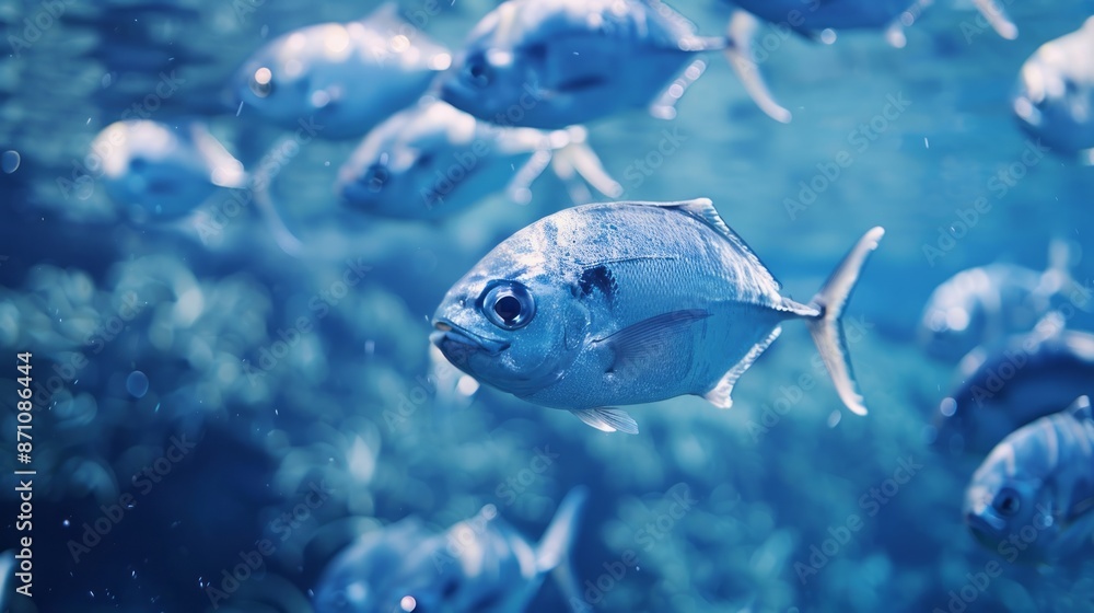 Naklejka premium School of fish underwater. A school of fish swims in blue water, showcasing marine life in their natural habitat.