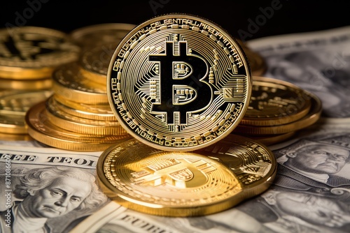Golden Bitcoin on the background of dollar bills. Cryptocurrency.