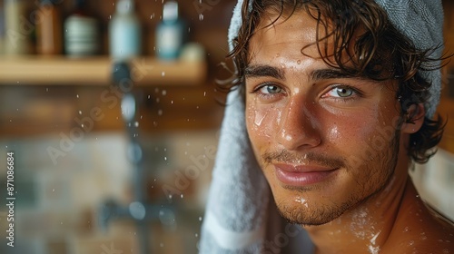 Young man with wet hair and fresh face post-shower, wrapped in a towel and looking directly at the camera with a gentle, warm smile in a cozy bathroom setting. photo