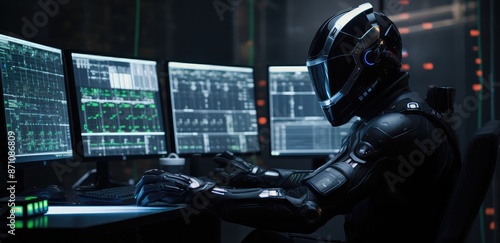 Cyborg sitting in front of computer monitors with stock market data.