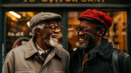 Two postmen, one older and one younger, smile and share a laugh while standing on a city street