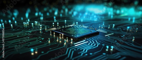 Circuit board with microchips and electronic components. 3D rendering