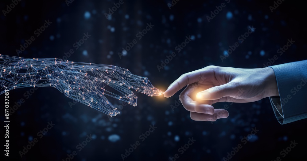 Close up of human hand touching with finger virtual connection lines. 3d rendering Close up of human hand touching with finger virtual connection lines. 3d rendering