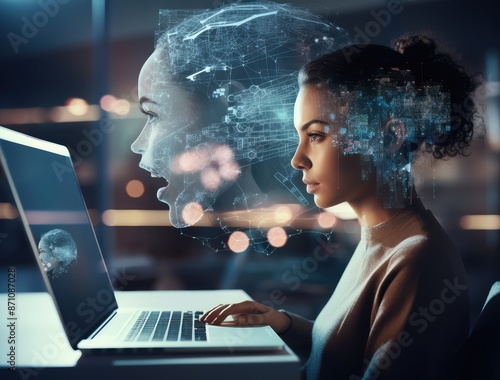 Side view of thoughtful young African American businesswoman working on laptop in office. Double exposure