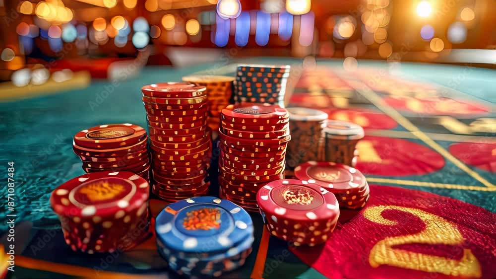 Poker chips falling on green felt roulette table, blur casino interior background Poker chips falling on green felt roulette table, blur casino interior background
