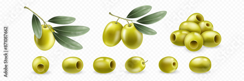 Realistic set green olives, olive branch with green leaves. Isolated on transparent background. Elements for cosmetic, food, ads, oil design