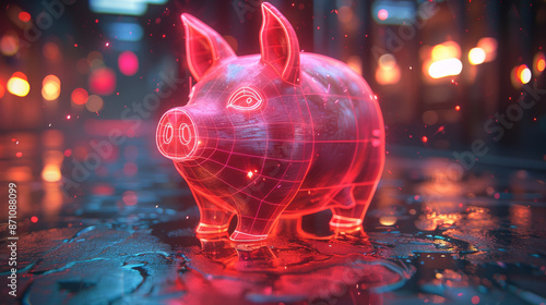 Neon Holographic Savings Icons with Digital Piggy Bank