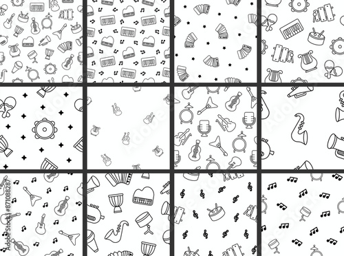 Musical instruments. Seamless pattern. Coloring Page. Music stuff for classical orchestra. Hand drawn style. Vector drawing. Collection of design ornaments.