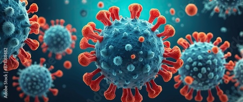 Microscopic view of viruses with red and blue hues, depicting the concept of infections and healthcare. Ideal for science, medical, and health-related uses.