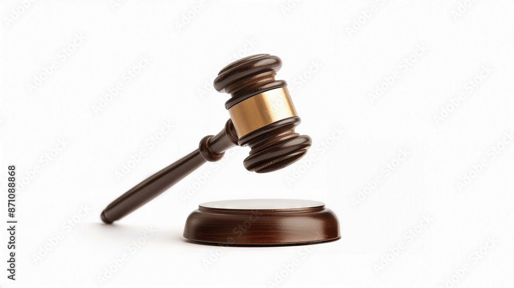 Wooden gavel and base symbolizing justice and law on a white background, representing the legal system and court proceedings. Wooden gavel and base symbolizing justice and law on a white background, representing the legal system and court proceedings.