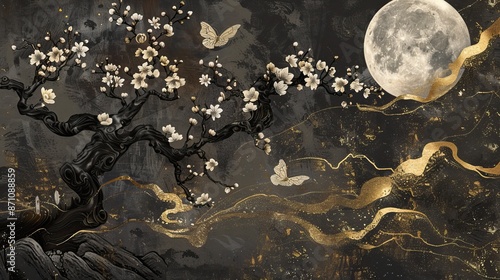 Ancient gold Plum Tree Blossoms Under the Full Moon. Moon and Night with butterfly mural background and wallpaper. High quality AI generated image