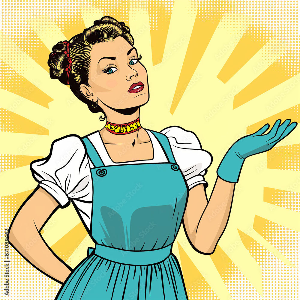 Fototapeta premium retro housewife, with half body view, making a surprised expression, on white background, victorian, scene, character, pop art style, comic. ai generated