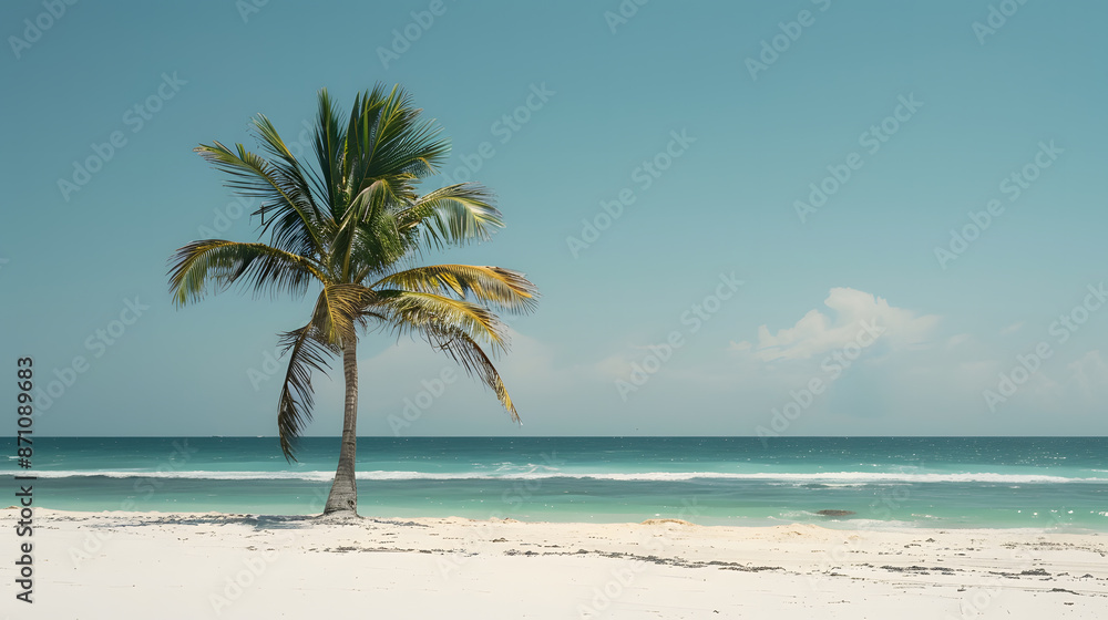 Fototapeta premium A palm tree is standing on a beach with a clear blue sky above