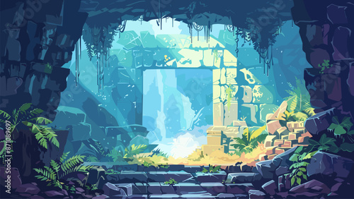 Mystical Cave Ancient Temple Entrance Abandoned Underground Secret Passage Mysterious Cartoon Style Game Background Illustration Adventure Exploration Enigma Puzzle Excitement