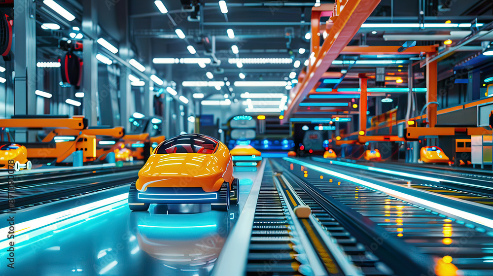 High-tech 3D rendering of an industrial smart factory showcasing 5G and AGV systems autonomous robotic transportation in automated warehouses High-tech 3D rendering of an industrial smart factory showcasing 5G and AGV systems autonomous robotic transportation in automated warehouses