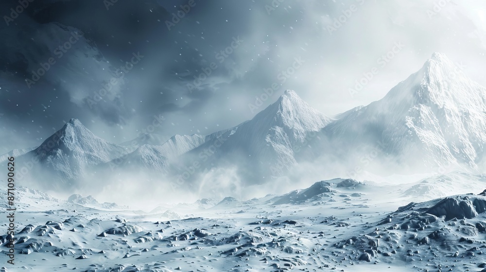 Frozen mountain landscape. A cold and desolate frozen landscape with snow capped mountains and a snowstorm approaching. Frozen mountain landscape. A cold and desolate frozen landscape with snow capped mountains and a snowstorm approaching.