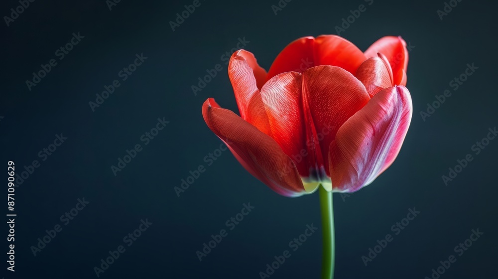 Red tulip on dark background. A vibrant red tulip stands out against a deep blue backdrop, creating a striking contrast. Red tulip on dark background. A vibrant red tulip stands out against a deep blue backdrop, creating a striking contrast.