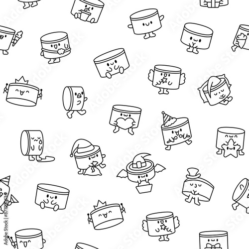 Cartoon kawaii drum character with sticks. Seamless pattern. Coloring Page. Funny musical personage with drumsticks. Hand drawn style. Vector drawing. Design ornaments.
