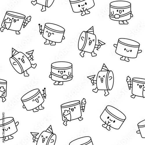 Cartoon kawaii drum character with sticks. Seamless pattern. Coloring Page. Funny musical personage with drumsticks. Hand drawn style. Vector drawing. Design ornaments.