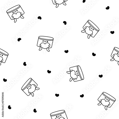 Cartoon kawaii drum character with sticks. Seamless pattern. Coloring Page. Funny musical personage with drumsticks. Hand drawn style. Vector drawing. Design ornaments.