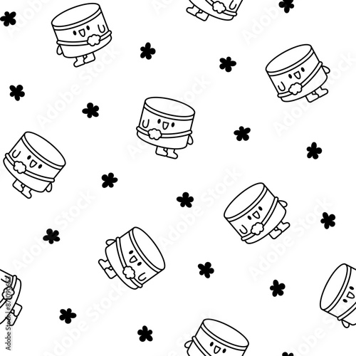 Cartoon kawaii drum character with sticks. Seamless pattern. Coloring Page. Funny musical personage with drumsticks. Hand drawn style. Vector drawing. Design ornaments.