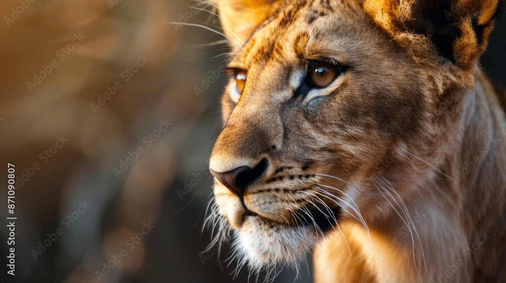 Lioness portrait in golden light. Close-up profile of a lioness with intense gaze, bathed in warm sunlight, against a blurred background. Lioness portrait in golden light. Close-up profile of a lioness with intense gaze, bathed in warm sunlight, against a blurred background.