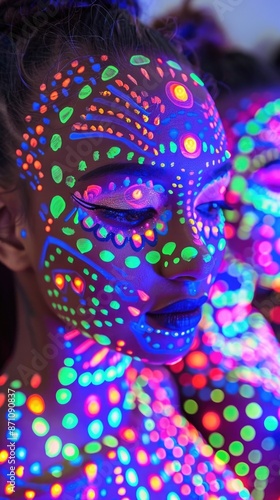 Portrait of beautiful woman with fluorescent neon make-up, Body Art design of female disco dancer posing in UV